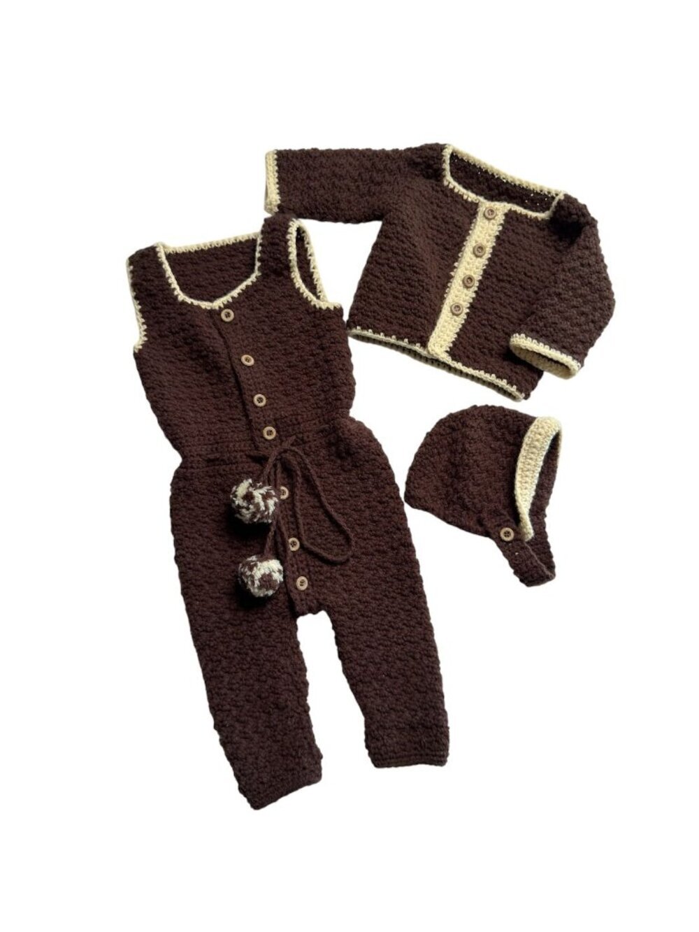 Vintage Baby Boy 3-6 M Crochet Outdoor Outfit Overalls Jacket Cap Brown Cream Ha